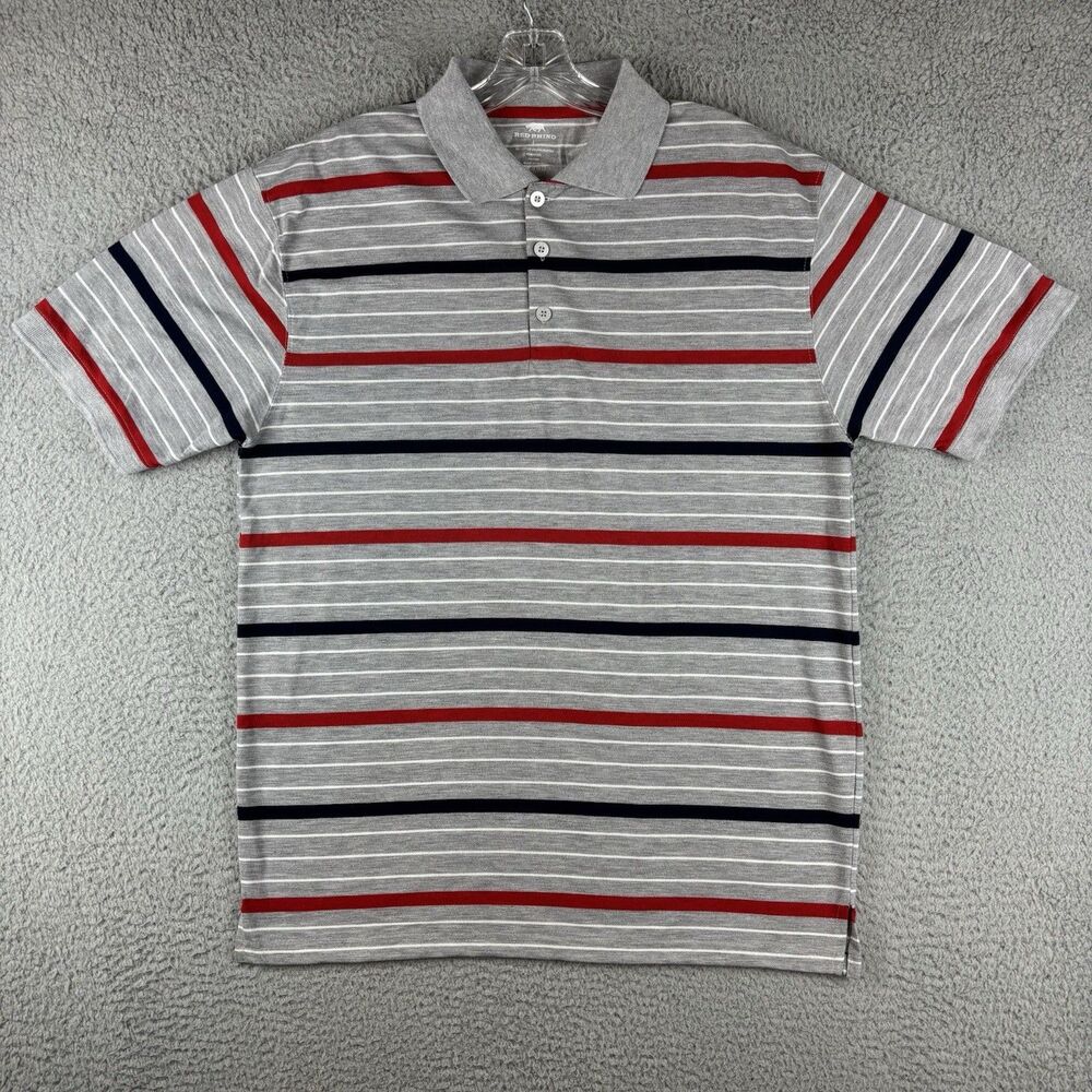 Red Rhino Polo Shirt Mens Large Short Sleeve Collared Button Striped Golf Tennis